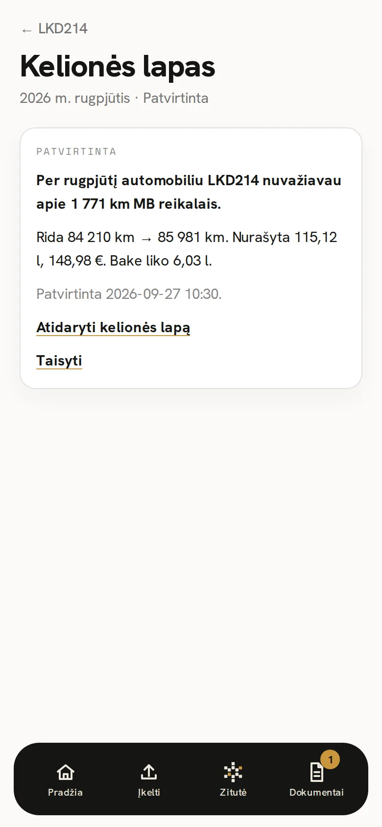 Zitutės ekranas: patvirtintas kelionės lapas
