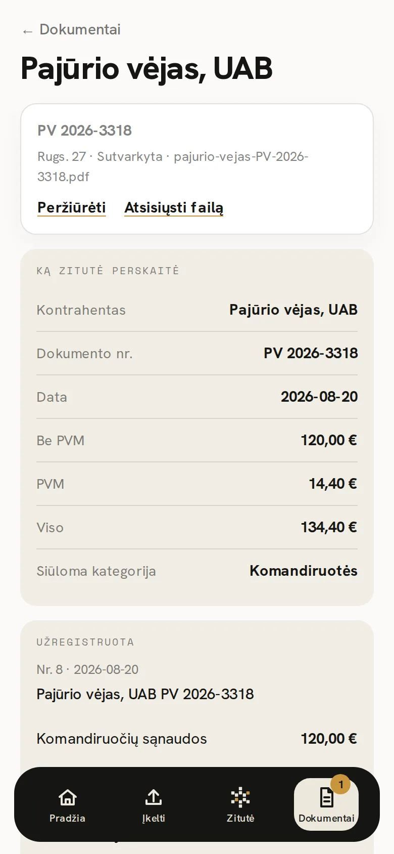Zitutės ekranas: viešbučio sąskaita komandiruočių sąnaudose